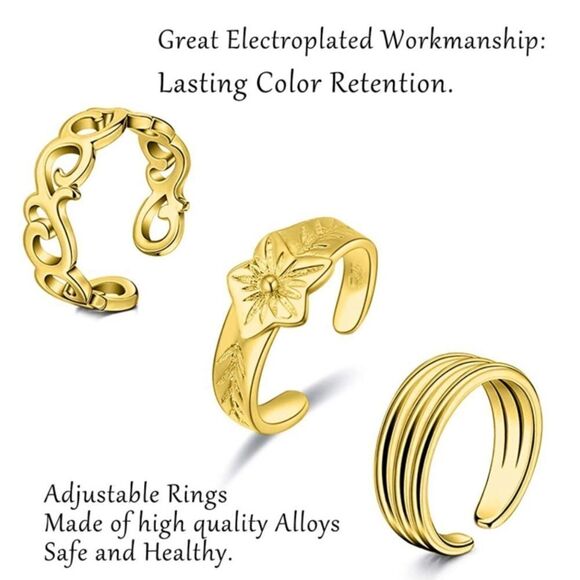 Yellow Gold Adjustable Boho Open Toe Rings - Set of 12 - Picture 2 of 3